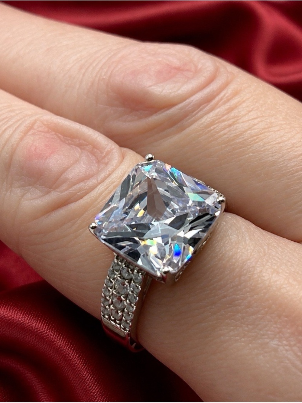 9.04ctw, 12mm Square Swarovski-Grade Solitaire. Pave Austrian Crystals. S925.